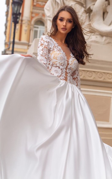 Ethereal V-neck Ball Gown Satin and Lace Floor-length Wedding Dress with Ruching