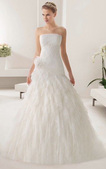 Strapless Tulle Mermaid Gown With Embroidered Waist And Tiered Skirt