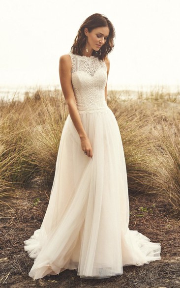 Illusion Button Back Sleeveless Jewel Neckline And Court Train Lace Tulle Wedding Dress