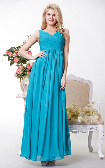 Graceful Ruched V-neck Chiffon A-line Long Dress