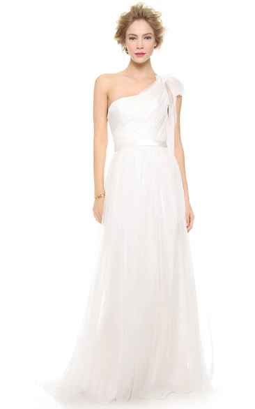 Long One-shoulder A-line Organza Dress With Satin Sash