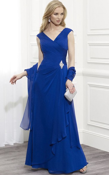 Maxi V-Neck Draped Sleeveless Chiffon Mother Of The Bride Dress With Broach