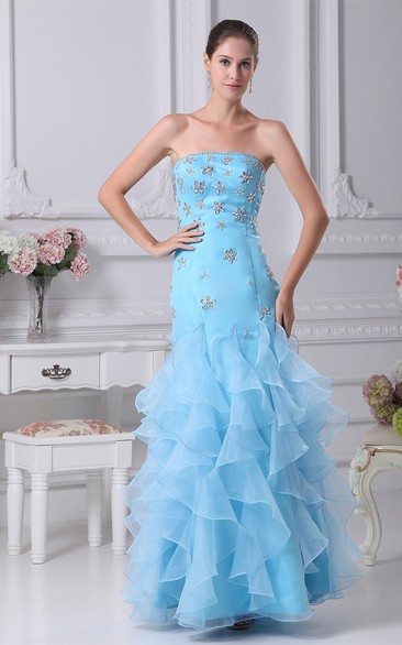 Sleeveless Floor-Length Column Cascading Ruffles and Dress With Rhinestone