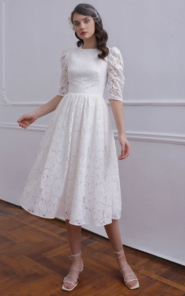 Vintage Half Sleeve Tea-length Lace A Line Wedding Dress with Ruching