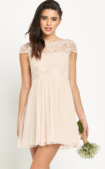 Short Sleeveless Appliqued Bateau Neck Chiffon Bridesmaid Dress With Low-V Back