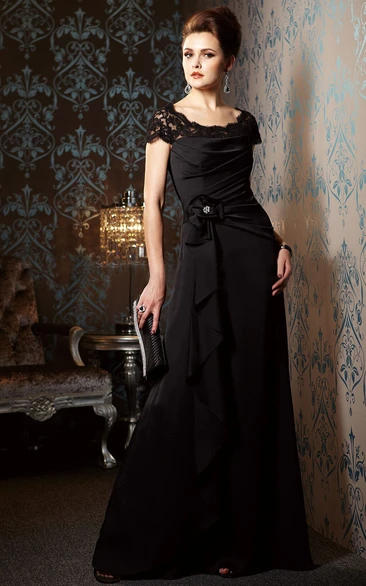 Cap-Sleeved Long Mother Of The Bride Dress With Beadings And Ruffles