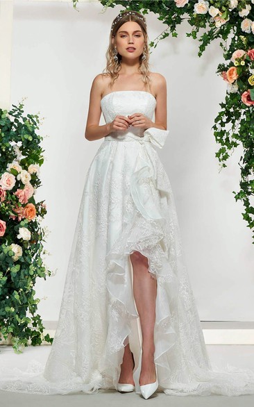 Sleeveless High-low Romantic Lace Bridal Gown With Sash And Bow