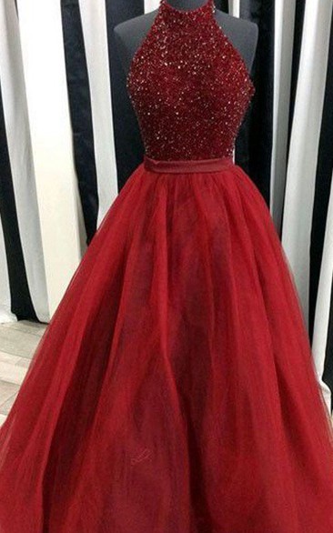 A-Line Ball Gown Tulle Sequins Halter Sleeveless Zipper Dress