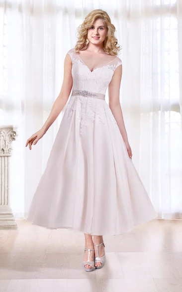 Tea Length A-line Wedding Dress with Sash