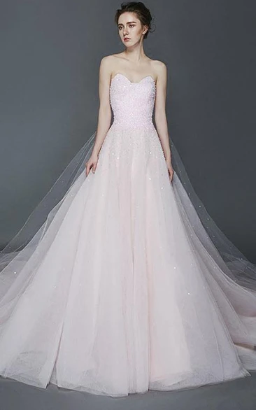 A-Line Sweetheart Beaded Court Train Prom Dress
