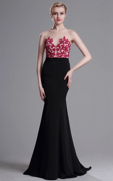 Sheath Sweep Bateau Sleeveless Jersey Appliques Illusion Dress