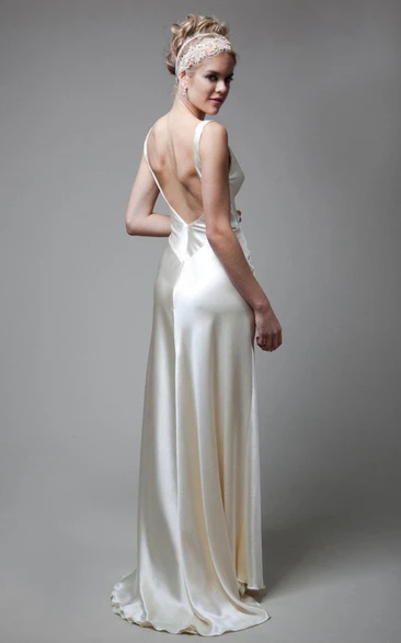 V-Neck Empire Sleeveless Deep-V Back Sheath Long Satin Wedding Dress