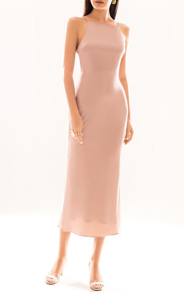 Sleeveless Sheath Spaghetti Neck Tea-length Cocktail Dress