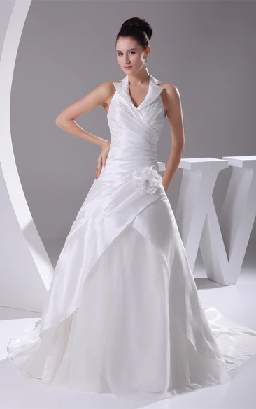 Sleeveless Ruched A-Line Suit Neckline and Gown With Flower