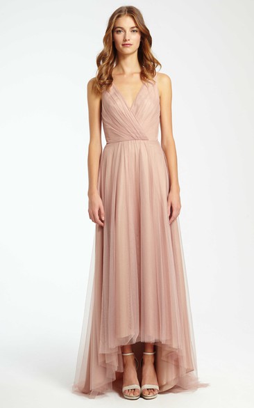 High-Low Criss-Cross V-Neck Sleeveless Tulle Bridesmaid Dress