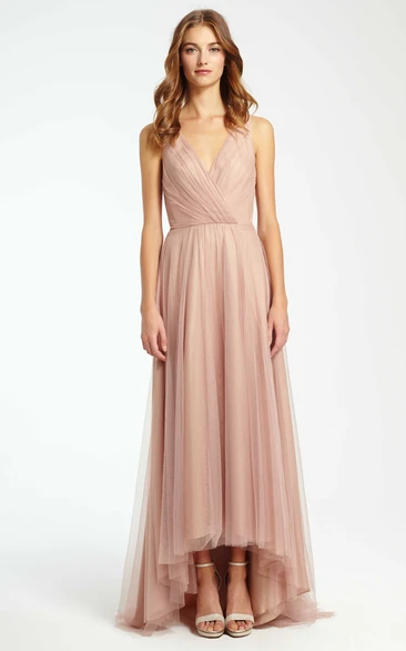 High-Low Criss-Cross V-Neck Sleeveless Tulle Bridesmaid Dress