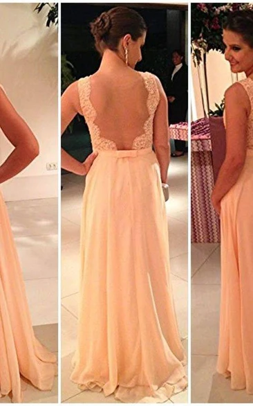 A-line Bateau Chiffon Lace Sleeveless Backless Prom Dresses