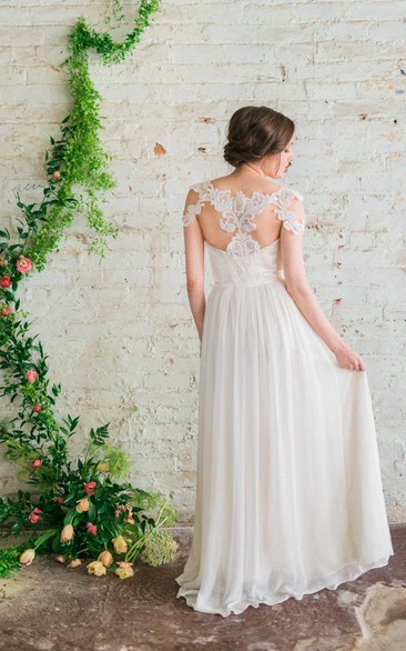 Sweetheart A-Line Chiffon Dress With Short Lace Sleeves and Lace Back