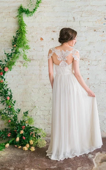 Sweetheart A-Line Chiffon Dress With Short Lace Sleeves and Lace Back