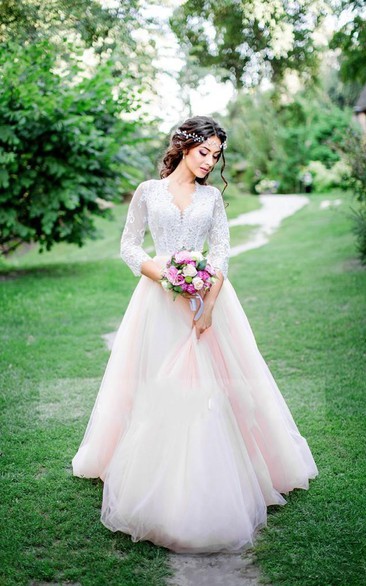 A-Line Short V-Neck Long Sleeve Bell Cap Zipper Tulle Lace Dress