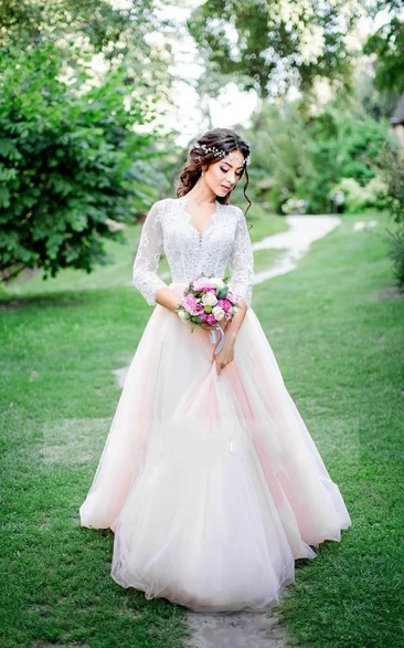A-Line Short V-Neck Long Sleeve Bell Cap Zipper Tulle Lace Dress