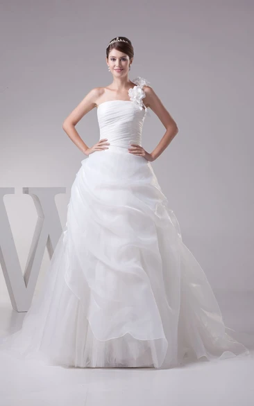 One-Shoulder Ruched A-Line Dress With Flower and Corset Back