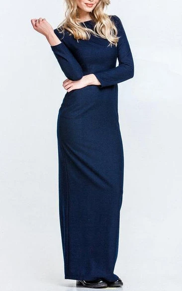 Bateau Long Sleeve Sheath Jersey Long Dress With Split