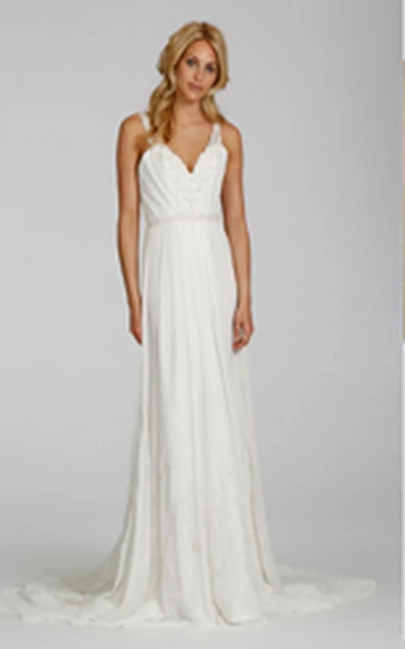 Sexy V Neckline Long Chiffon Dress With Beaded Embroidery