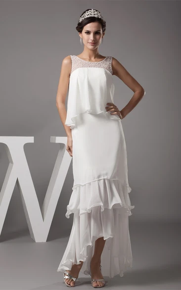 Sleeveless Tiered High-Low Chiffon Dress With Illusion Neckline