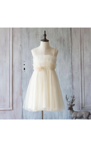 Illusion Neckline Sleeveless A-line Pleated Tulle Tea Length Dress With Flower