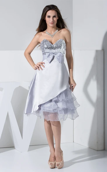 Unique Sequined Sweetheart Knee Dress With Bowed Sash and Tiered Ruffle