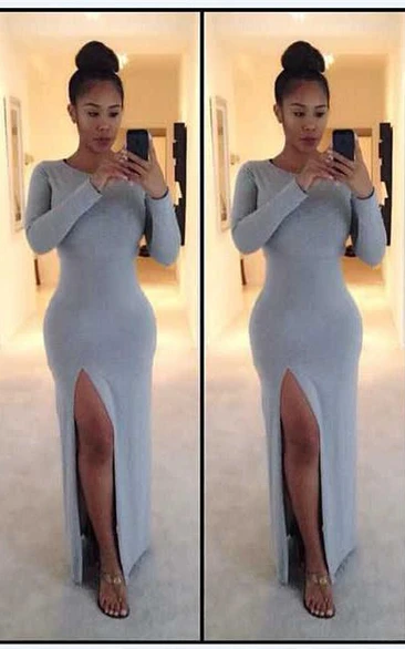 Elegant Long Sleeve Prom Dress Front Split Floor Length