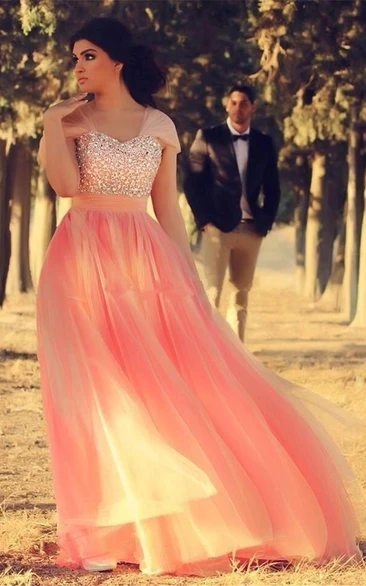 Romantic Cap Sleeve Tulle Pink Evening Dress Crystals Floor-length