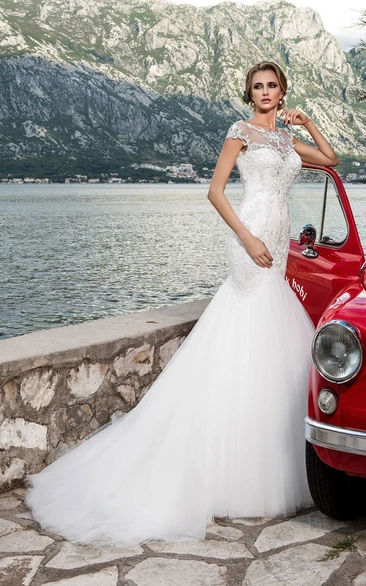 Trumpet Floor-Length Jewel-Neck Cap-Sleeve Corset-Back Tulle Dress With Appliques