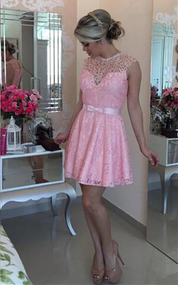 Sexy Illusion Short A-line Cocktail Dress Lace Bowknot