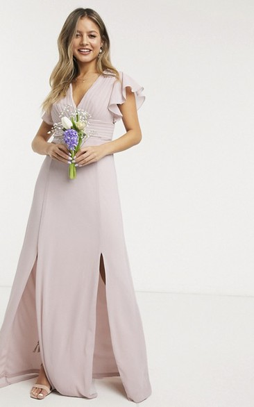 Front Split Ethereal Ruching Top V-neck Cap Sleeve Chiffon Bridesmaid Dress