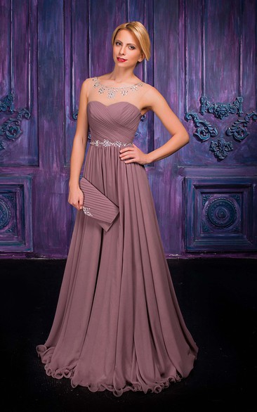 A-line Floor-length Jewel Sleeveless Chiffon Zipper Dress