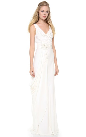 Long Low-V Neckline Sheath Chiffon Dress With 3D Flowers