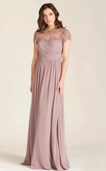 Appliqued Bateau Neck Illusion Sleeve Chiffon Bridesmaid Dress