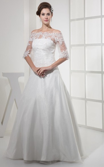Intricate Off-The-Shoulder Half-Sleeve A-Line Dress With Appliques