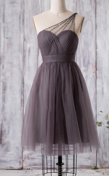 Beaded Single Strap Sweetheart A-line Pleated Tulle Knee Length Dress