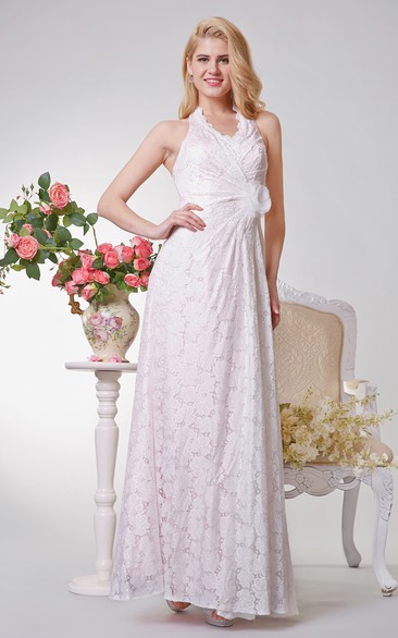 Scalloped-Edge Neckline Ruched Long Lace Dress