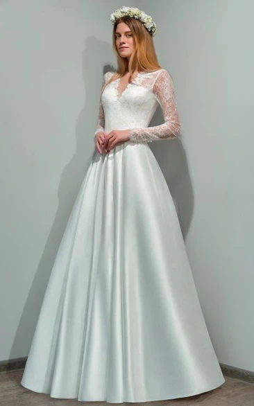 Modern A Line V-neck Floor-length Long Sleeve Satin Wedding Dress with Appliques