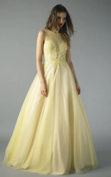 A-line Floor-length Jewel Sleeveless Tulle Zipper Dress