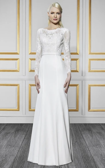 Bateau Long Long-Sleeve Appliqued Chiffon Wedding Dress With Sweep Train And V Back