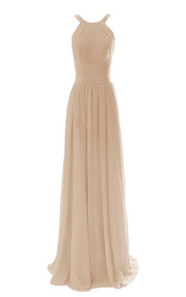 High-neck Long Chiffon Dress With Ruched Waist