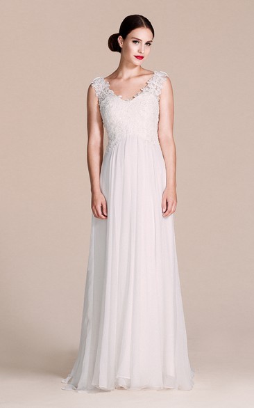 Cap-sleeved V-neck Dress With Lace Bodice