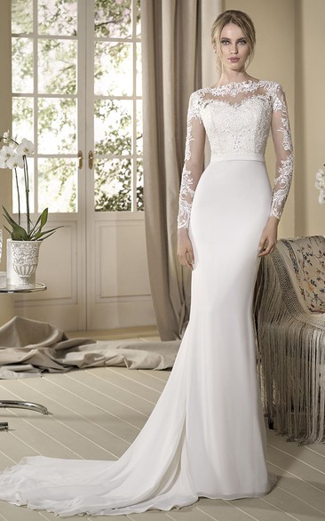 Sheath Appliqued Floor-Length Long-Sleeve Jewel-Neck Jersey&Lace Wedding Dress