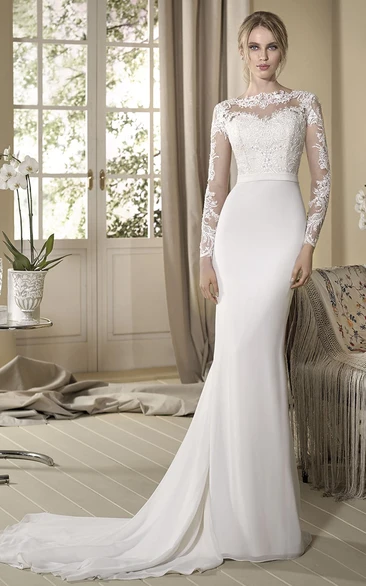 Sheath Appliqued Floor-Length Long-Sleeve Jewel-Neck Jersey&Lace Wedding Dress