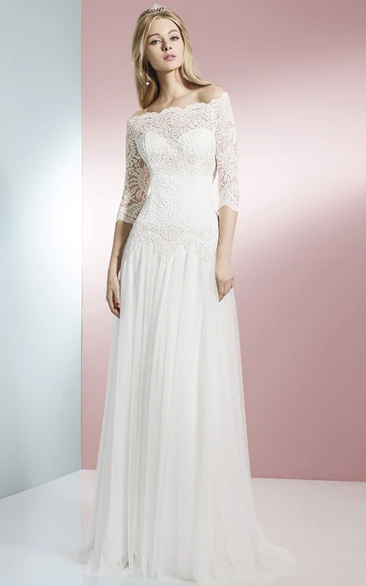 Sheath 3-4 Sleeve Off-The-Shoulder Lace Tulle Wedding Dress With Brush Train